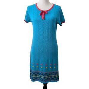 Vintage MicMac Womens Sz M? Blue Knit Geometric S/S Neck Tie Cottagecore Dress